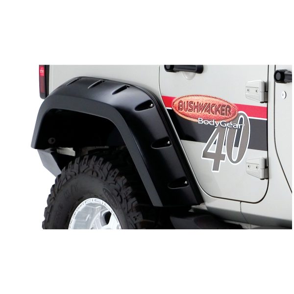 Bushwacker 10044-02 Black Max Coverage Pocket/Rivet Style Smooth Finish Rear Fender Flares with Extended Coverage for 2007-2018 Jeep Wrangler JK Unlimited 4-Door