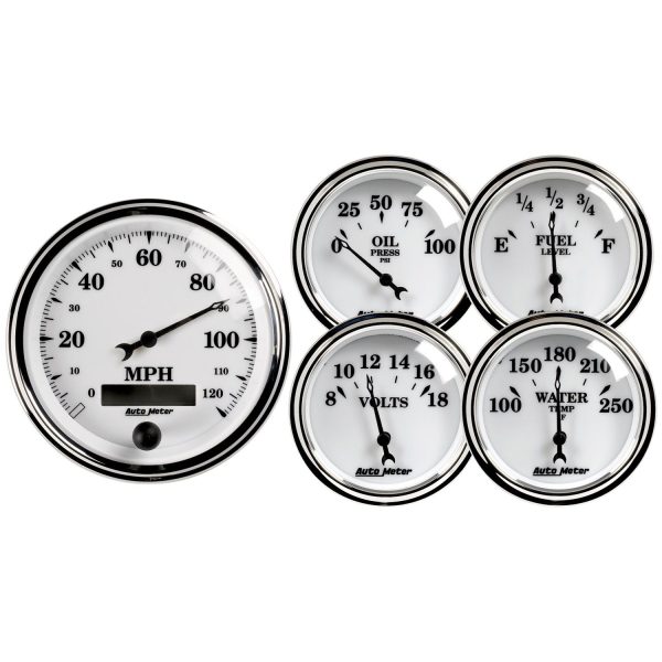 5 PC. GAUGE KIT, 3-3/8 in. & 2-1/16 in. , ELEC. SPEEDOMETER, OLD TYME WHITE II