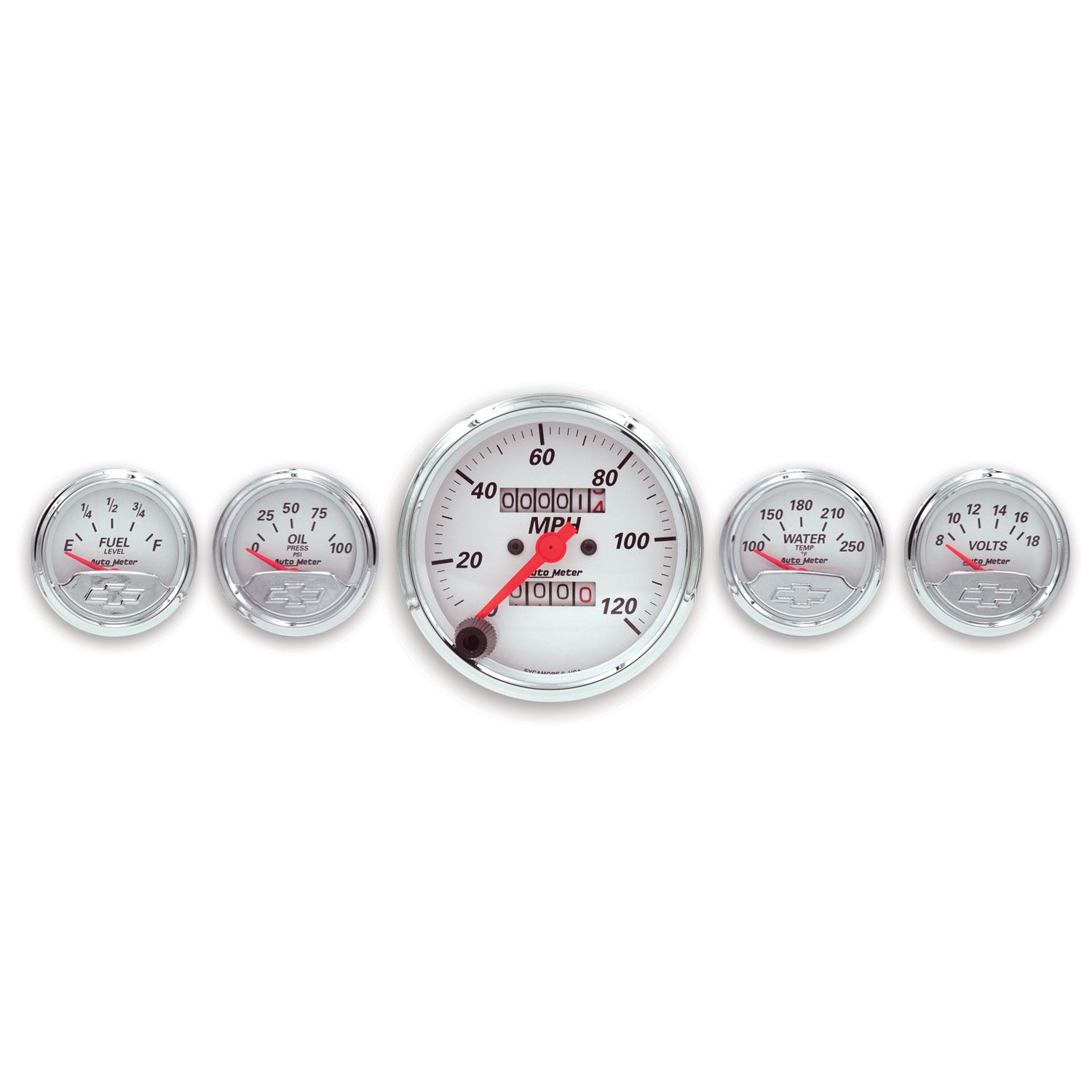 5 PC. GAUGE KIT, 3-1/8 in. & 2-1/16 in. , MECH. SPEEDO., CHEVROLET HERITAGE BOWTIE