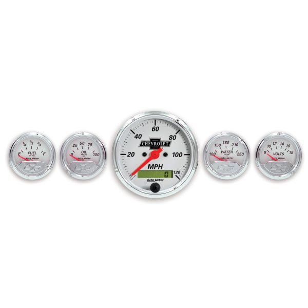 5 PC. GAUGE KIT, 3-1/8 in. & 2-1/16 in. , ELEC. SPEEDO., CHEVROLET HERITAGE BOWTIE