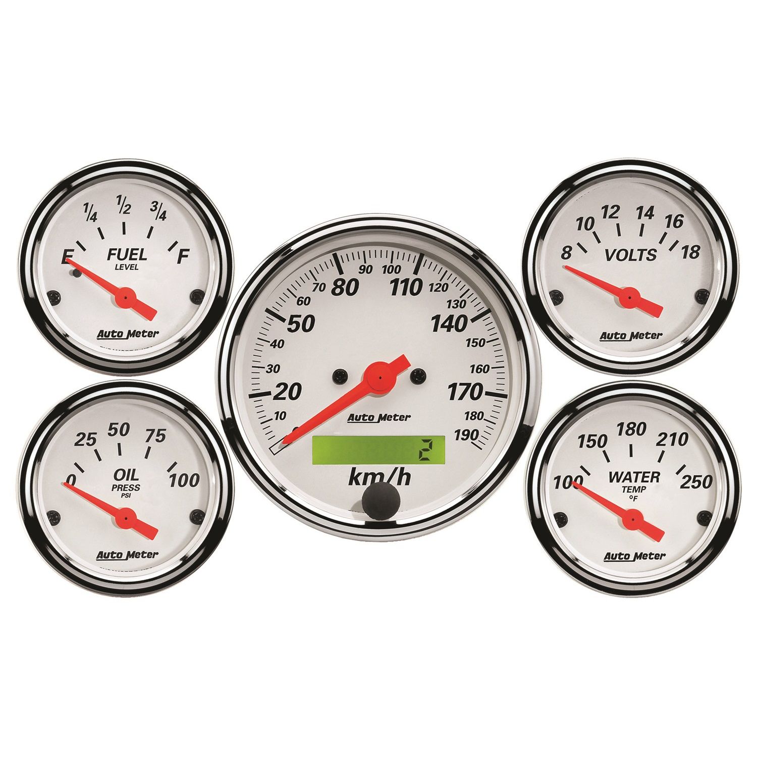 5 PC. GAUGE KIT, 3-1/8 in. & 2-1/16 in. , ELEC. KM/H SPEEDO., ARCTIC WHITE