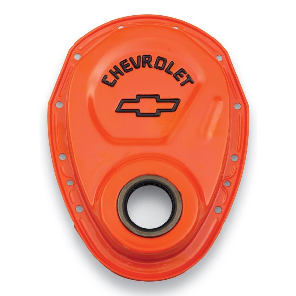 Timing Chain Cover; Orange; Steel; With Chevy Bowtie Logo; SB Chevy 69-91