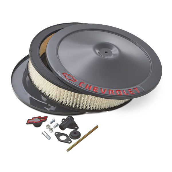 Engine Air Cleaner Kit; 14 Inch Dia; Shark Gray; Chevy Red Emblems