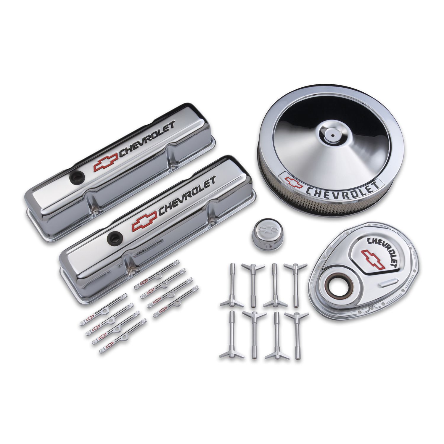 Engine Dress-Up Kit; Chrome w/Red Chevy Logo; Fits SB Block Chevy Engines