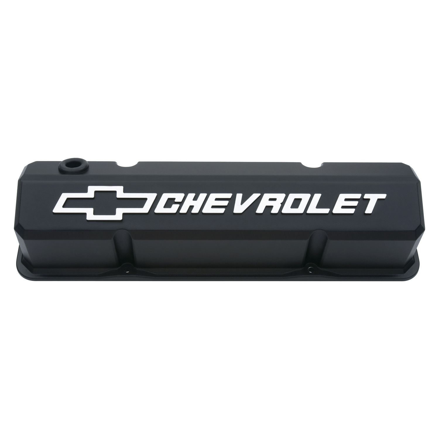 Valve Covers; Slant-Edge Tall; Die Cast; Black w/ Raised Bowtie Logo; SB Chevy