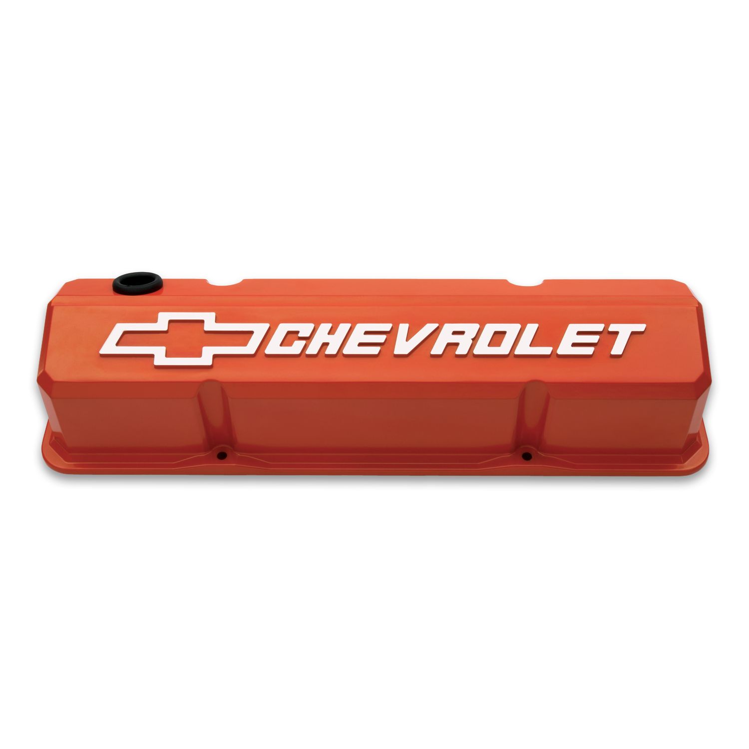 Valve Covers; Slant-Edge Tall; Die Cast; Orange w/ Raised Bowtie Logo; SB Chevy