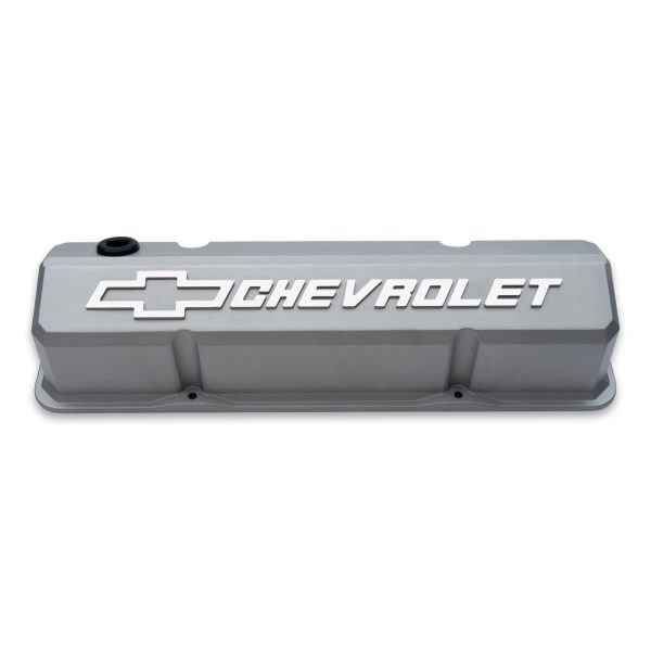 Valve Covers; Slant-Edge Tall; Die Cast; Gray w/Raised Bowtie Logo; For SB Chevy