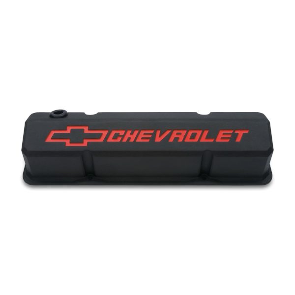 Valve Covers; Slant-Edge Tall; Die Cast; Black w/Recessed Bowtie Logo; SB Chevy