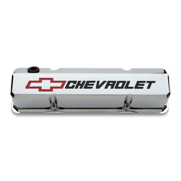 Valve Covers; Slant-Edge Tall; Die Cast; Chrome w/Recessed Bowtie Logo; SB Chevy