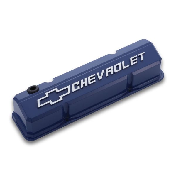 Valve Covers; Slant-Edge Tall; Die Cast; Blue w/ Raised Bowtie Logo; SB Chevy