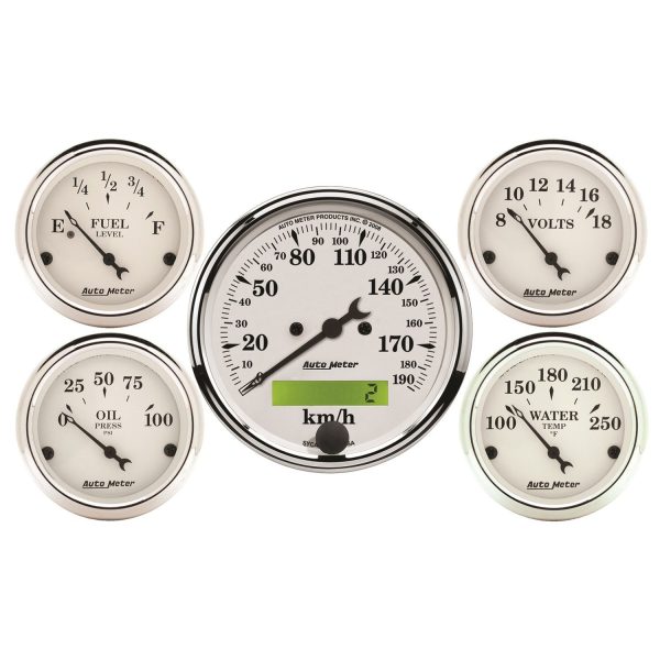 5 PC. GAUGE KIT, 3-1/8 in. & 2-1/16 in. , ELEC. KM/H SPEEDOMETER, OLD TYME WHITE