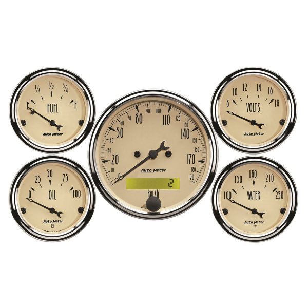 5 PC. GAUGE KIT, 3-1/8 in. & 2-1/16 in. , ELEC. KM/H SPEEDOMETER, ANTIQUE BEIGE