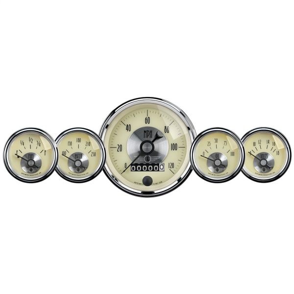 5 PC. GAUGE KIT, 3-3/8 in. & 2-1/16 in. , ELEC. SPEEDO W/WHEEL ODO, PRESTIGE ANTQ. IVORY