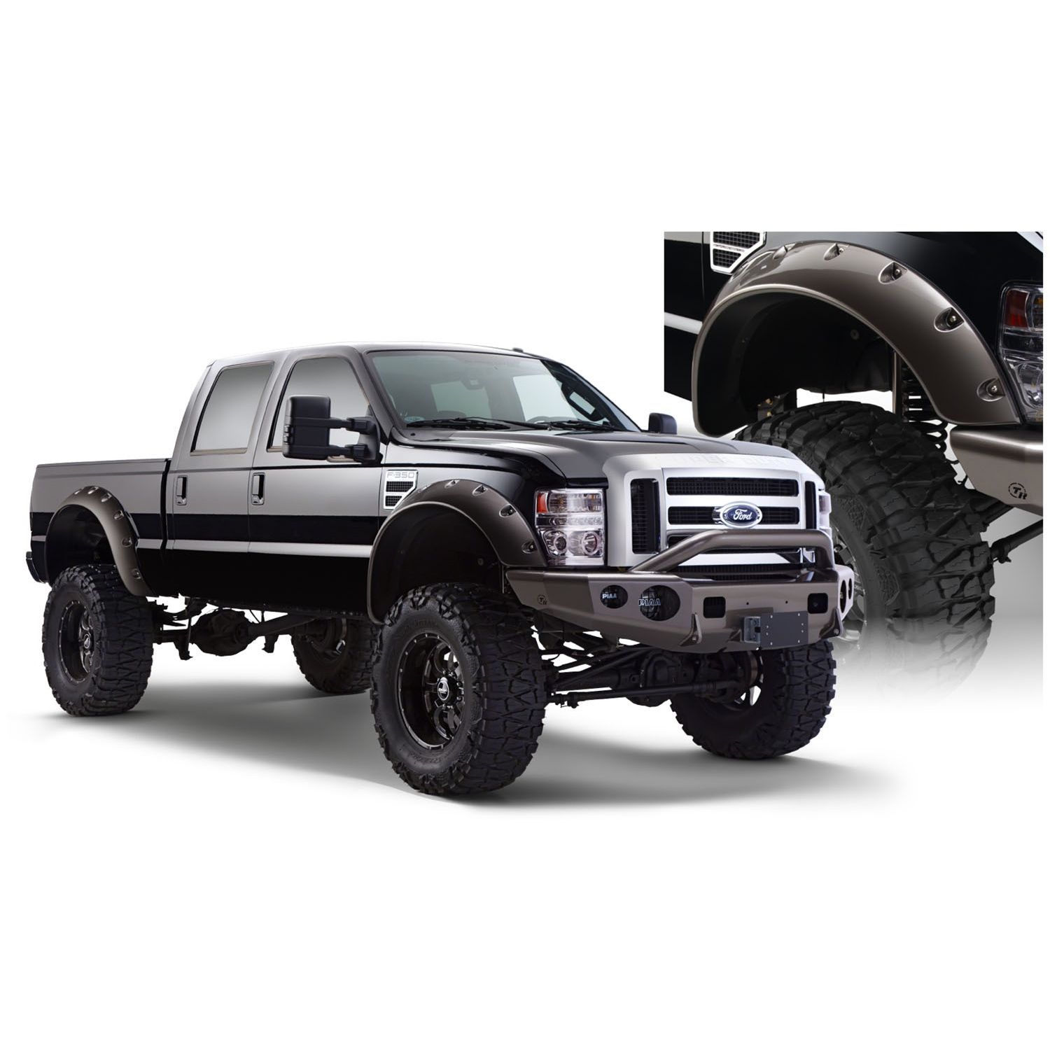 Bushwacker 20047-02 Black Cutout Style Smooth Finish Front Fender Flares for 1999-2010 Ford F-250 Styleside Super Duty; 2008-2010 F-350 to F-550 Super Duty