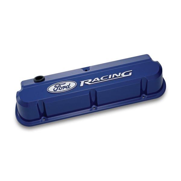 Valve Covers; Slant-Edge Tall; Die Cast; Blue with Raised Ford Logo; SB Ford