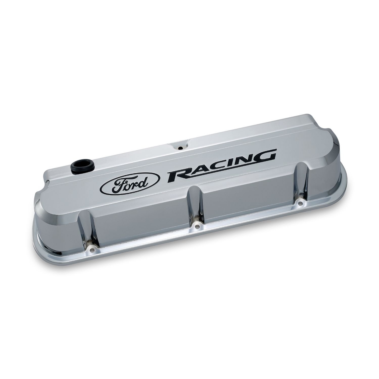 Valve Covers; Slant-Edge Tall; Die Cast; Chrome w/Recessed Ford Logo; SB Ford