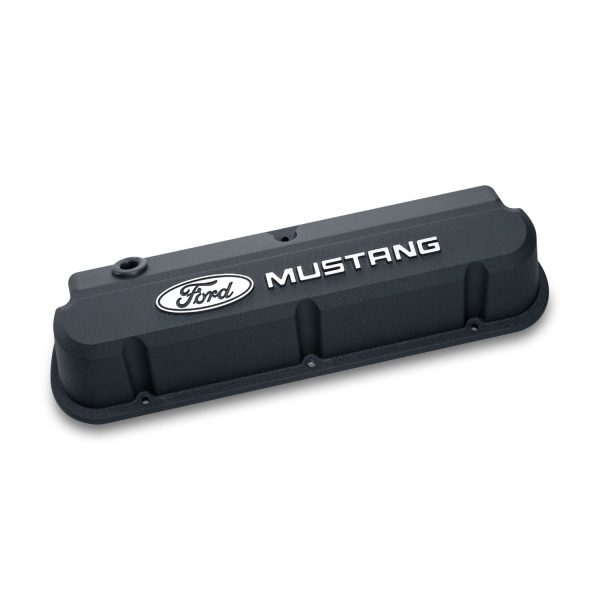 Valve Covers; Slant-Edge Tall; Die Cast; Black with Raised Mustang Logo; SB Ford