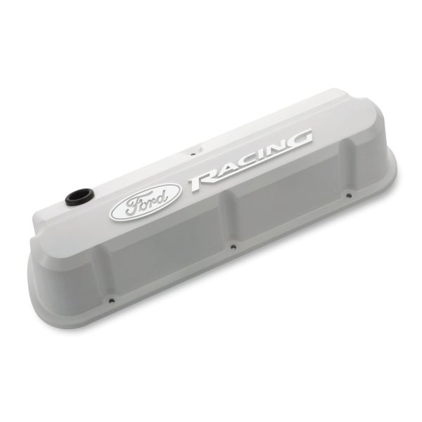 Valve Covers; Slant-Edge Tall; Die Cast; White with Raised Ford Logo; SB Ford