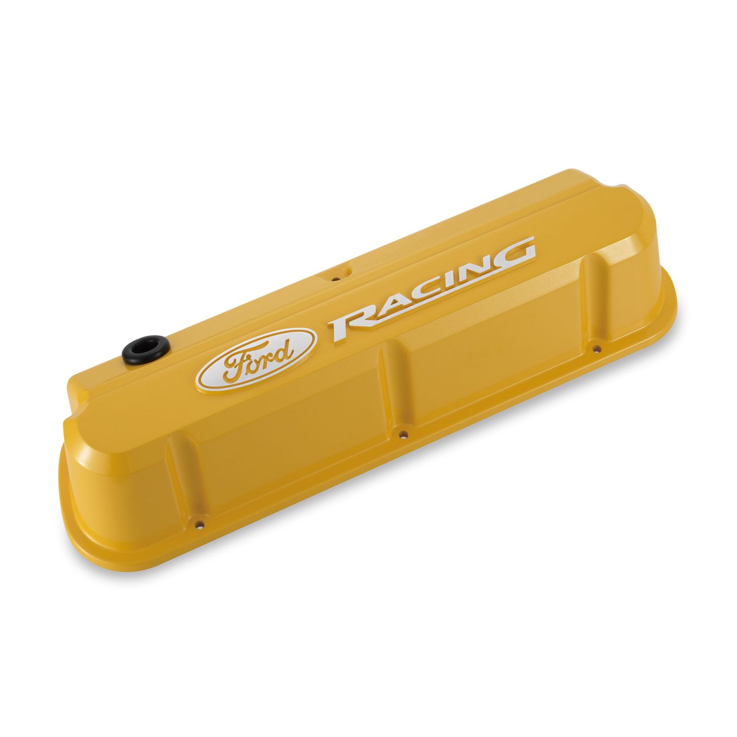 Valve Covers; Slant-Edge Tall; Die Cast; Yellow w Raised Ford Logo; SB Ford