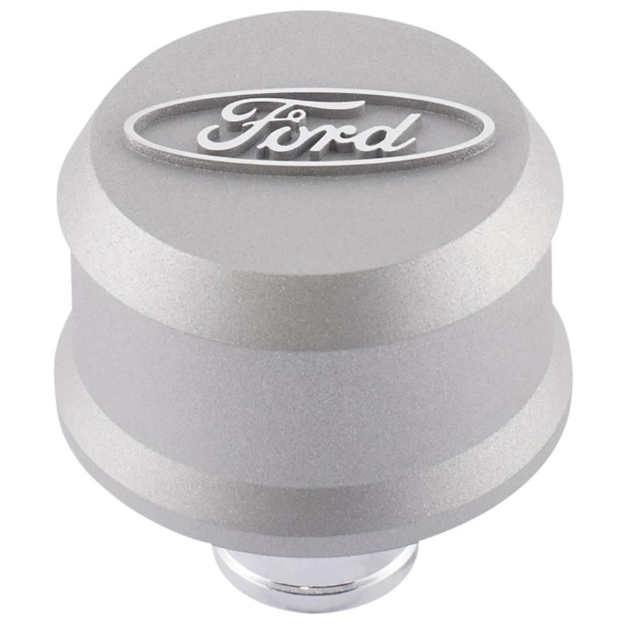 Slant-Edge Aluminum Breather Cap; Raised Oval Emblem; Push-In; Cast Gray Crinkle