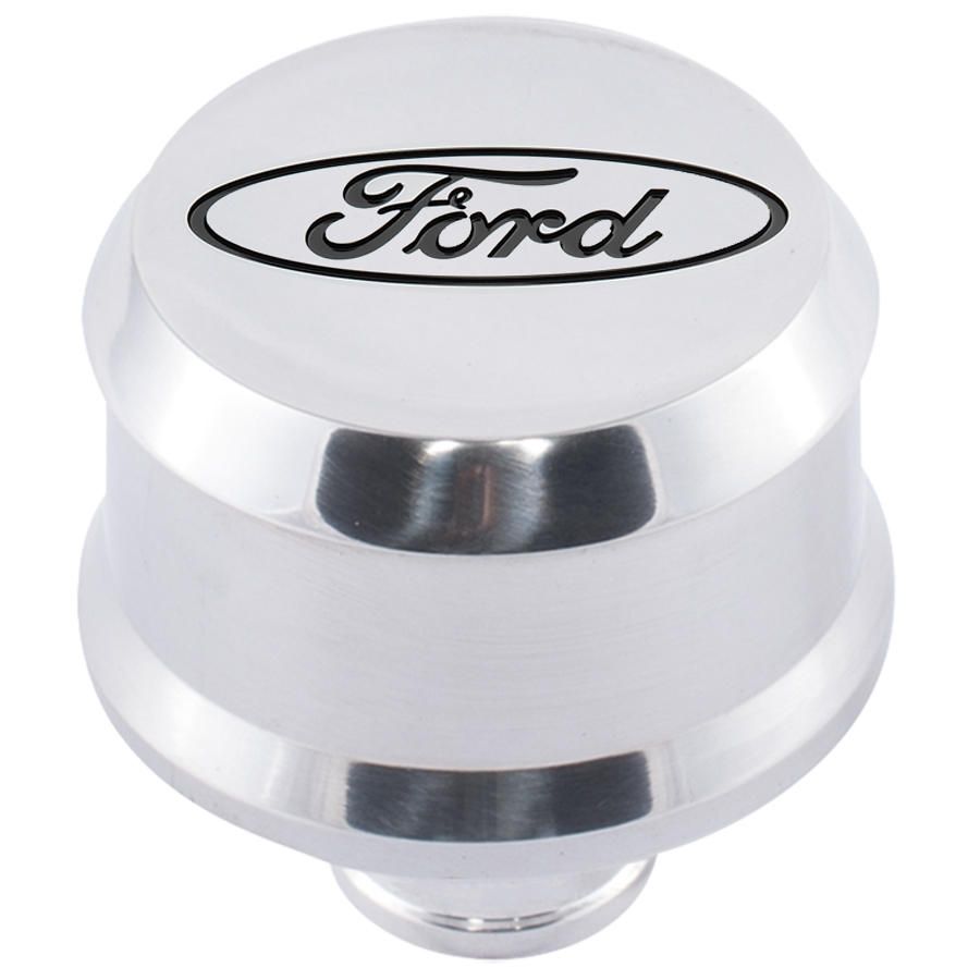 Slant-Edge Aluminum Breather Cap; Recessed Black Oval Emblem; Push-In; Polished