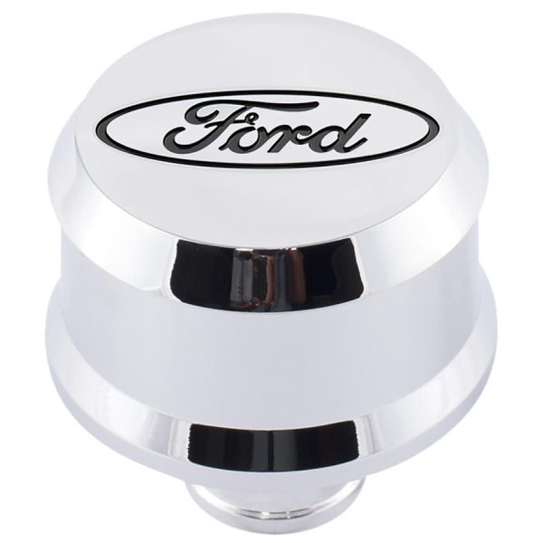 Slant-Edge Aluminum Breather Cap; Recessed Black Oval Emblem; Push-In; Chrome