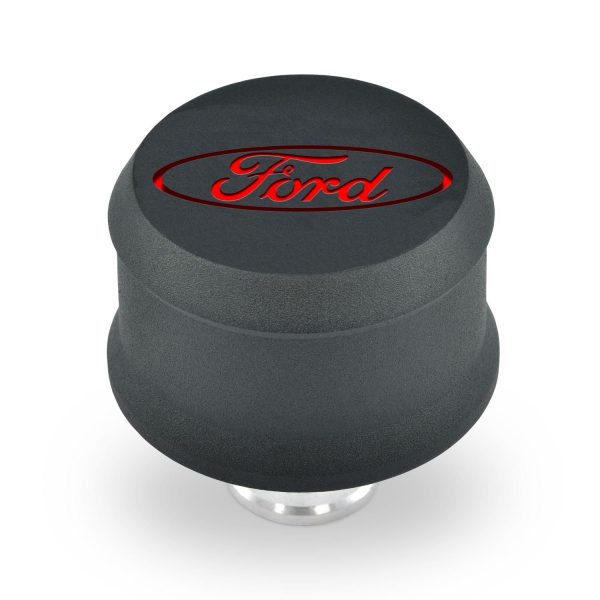 Slant-Edge Aluminum Breather Cap; Recssd Red Oval Emblem; Push-In; Black Crinkle