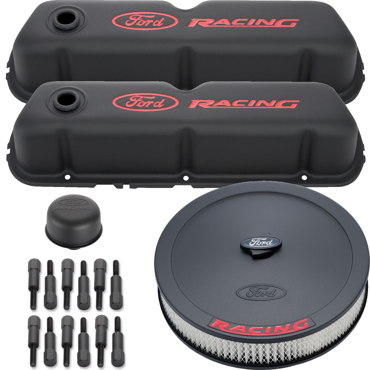 Engine Dress-Up Kit; Black Crinkle w/ Red Ford Racing Logo; Fits SB Ford Engines