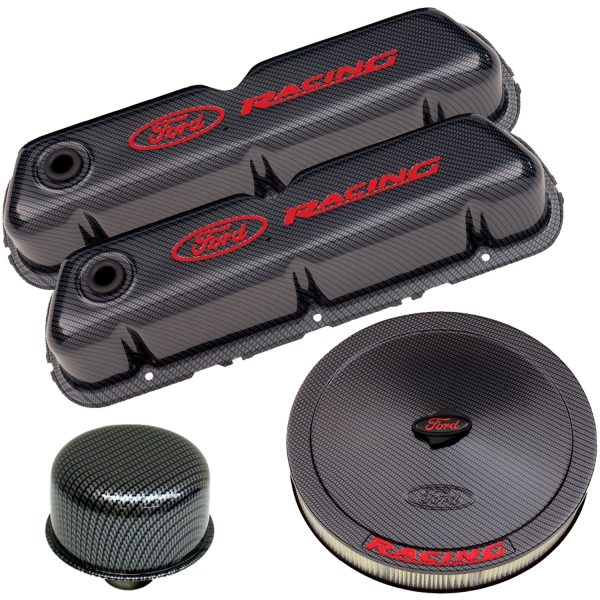 Engine Dress-Up Kit; Carbon Finish w/ Red Ford Racing Logo; Fits SB Ford Engines