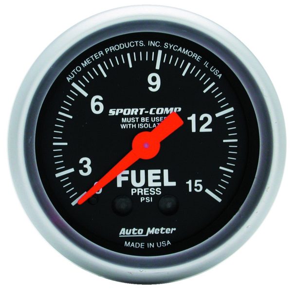 2-1/16 in. FUEL PRESSURE W/ ISOLATOR, 0-15 PSI, SPORT-COMP