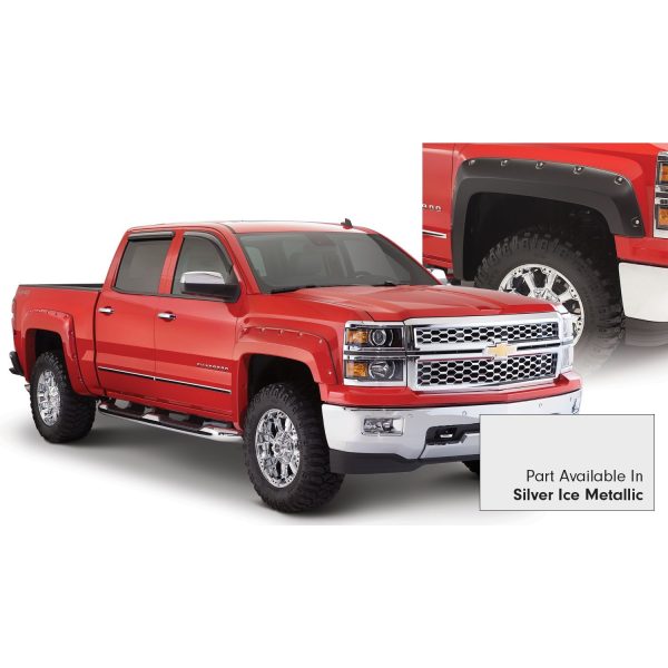 Bushwacker 40959-54 Pocket/Rivet Style Color Matched Quicksilver Metallic 4-Piece Fender Flare Set for 2016-2017 Silverado 1500; Fits 69.3 In. Bed Only