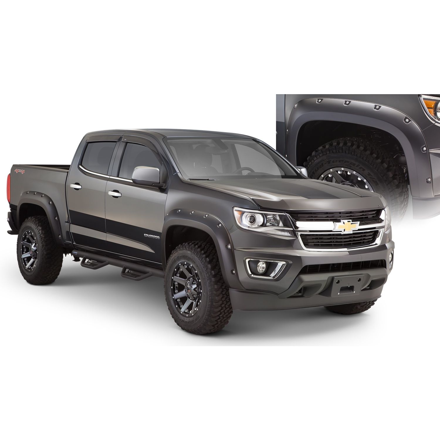 Bushwacker 40970-02 Black Pocket/Rivet Style Smooth Finish 4-Piece Fender Flare Set for 2015-2021 Chevrolet Colorado w/74 In. Bed